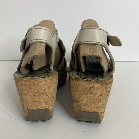 Fly London Shoes Womens 38 7.5 8 Cream Beige Leather Cork Wedge Platform Sandals - Picture 4 of 13